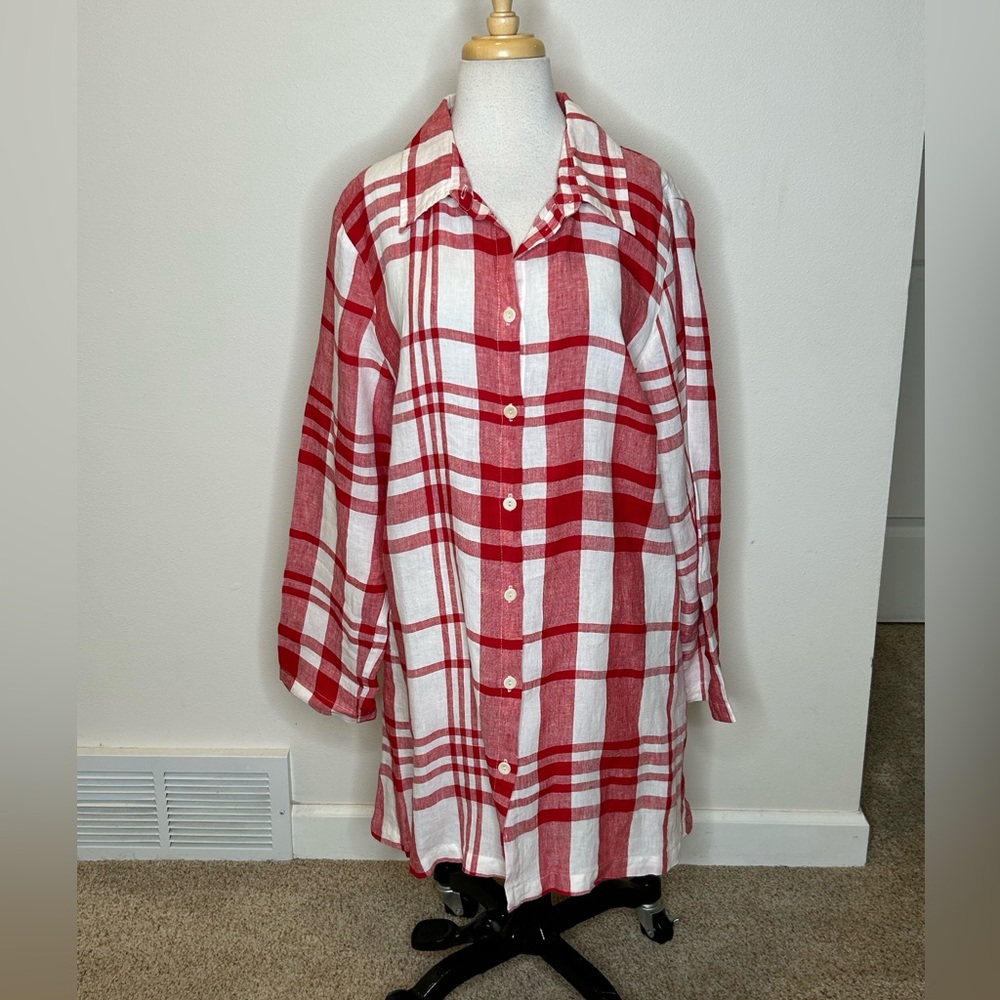 Flax Red and White Checkered Tunic Shirt Linen Size M